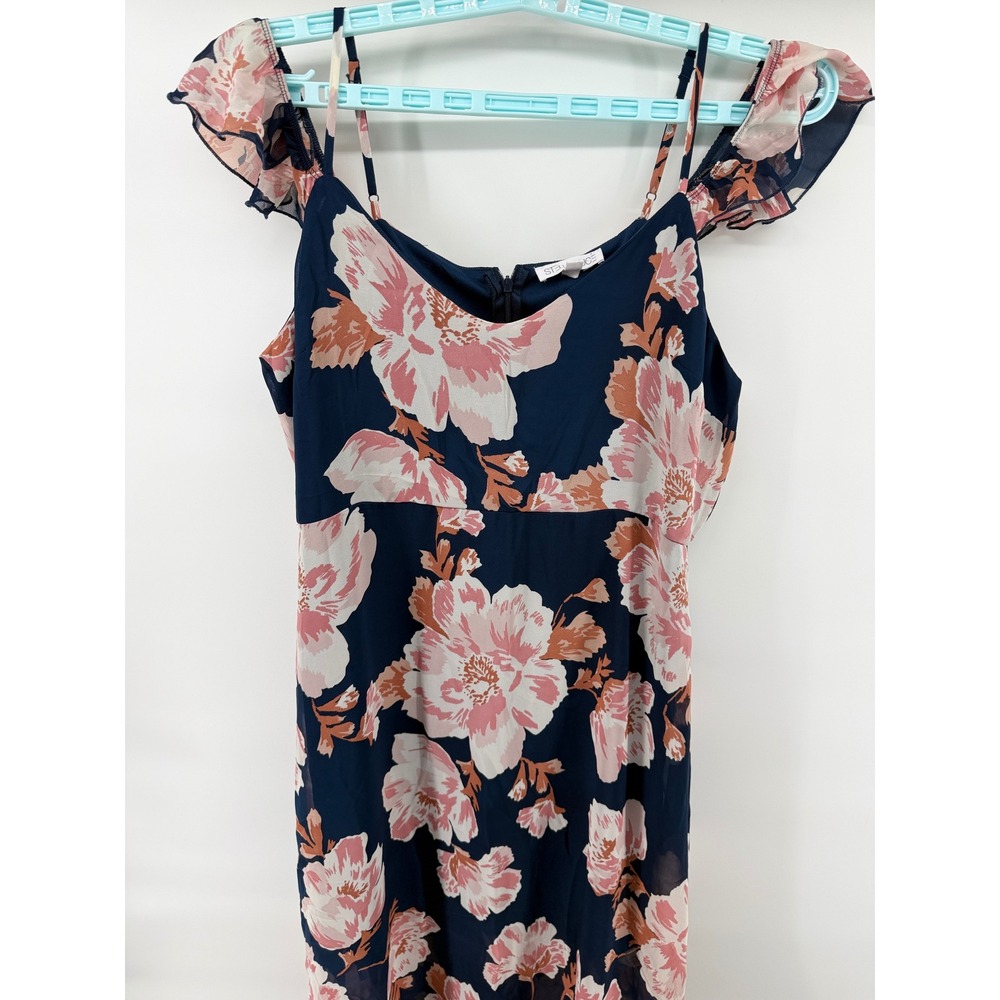 Stella Luce Womens XL Navy Floral Cold Shoulder Ruffle Maxi Dress